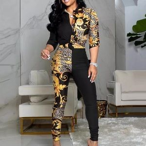 Letter Print Colorblock Knot Front Buttoned Top & High Waist Pants Set